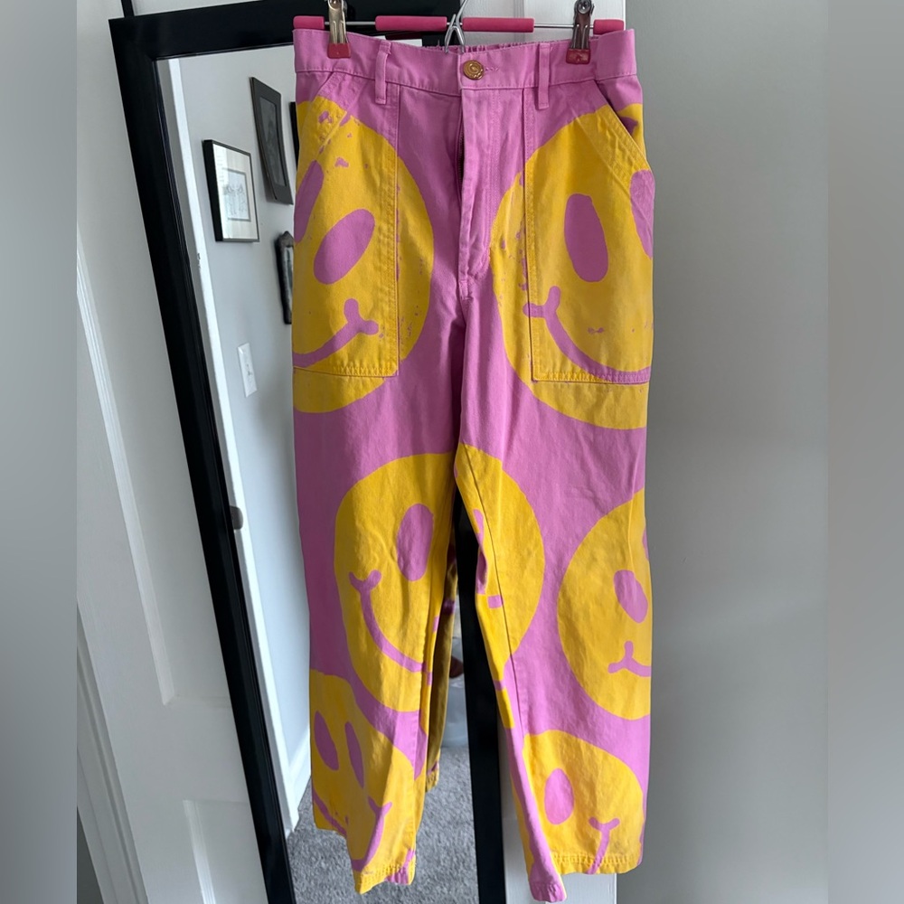 Big Bud Press Pink and Yellow Smiley Face Pants Sz S